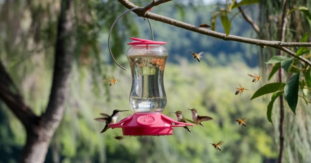 Where should you not hang a hummingbird feeder with bee guards 